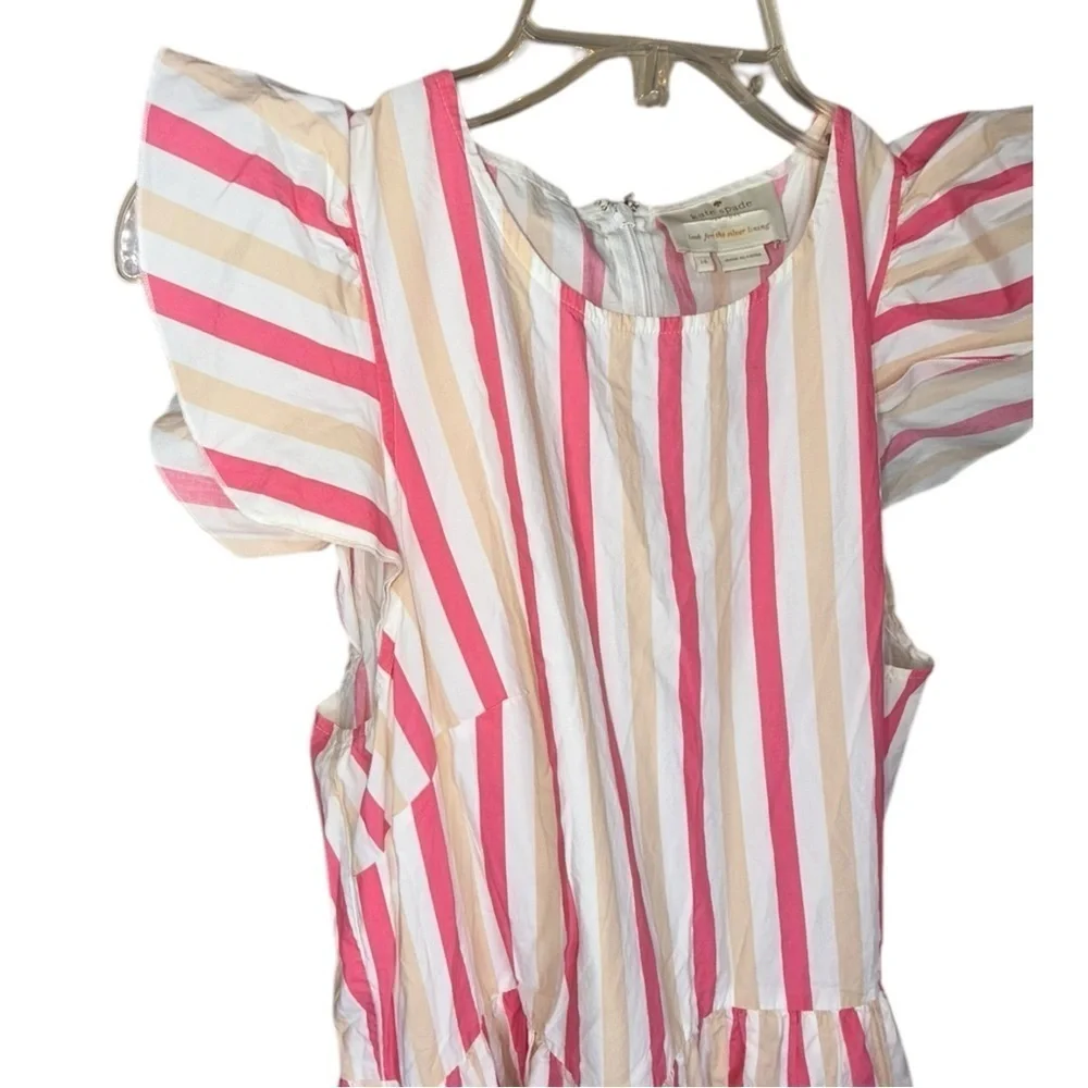 ▶️ Kate Spade ◀️ Pink Striped Poplin Ruffle Midi Dress Women's 14